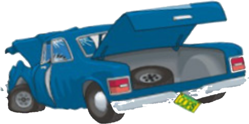 The workshop's old logo: a drawn blue car seen from behind, boot open with a spare wheel inside, front end crumpled, front left tyre flat, cracked windscreen and a yellow number plate reading OOPS hanging off